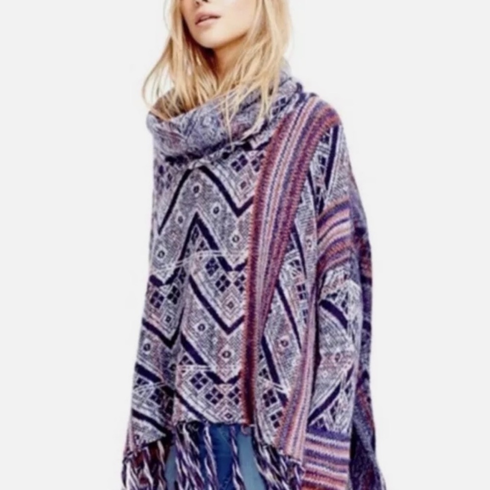 Free People Be the One Fringe Wool Blend Cowl Neck Poncho Sweater Aztec Design
